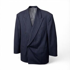Henry Grethel Pin Striped Double Breasted Blazer Mens 41R Peak Lapel Navy Wool